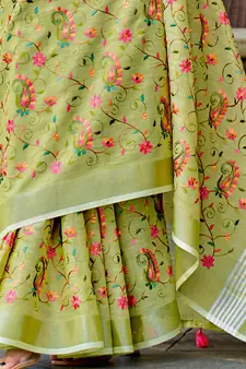 SANGAM PRINTS Yellow Green Linen Resham Dori Work Traditional Tassle Saree