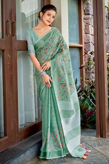 SANGAM PRINTS Sea Green Linen Resham Dori Work Traditional Tassle Saree