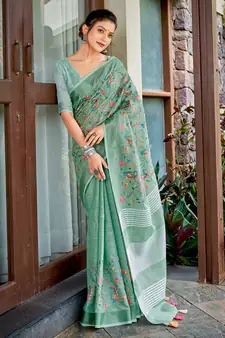 SANGAM PRINTS Sea Green Linen Resham Dori Work Traditional Tassle Saree