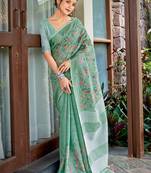 SANGAM PRINTS Sea Green Linen Resham Dori Work Traditional Tassle Saree