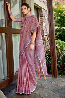 Sangam Prints Purple Linen Resham Dori Work Traditional Tassle Saree