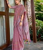 Sangam Prints Purple Linen Resham Dori Work Traditional Tassle Saree