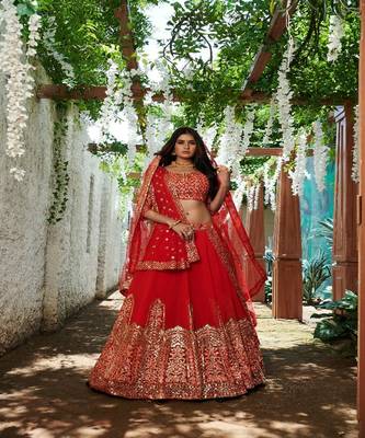 red embroidered gerogette lehengha ethincwear with blouse 3