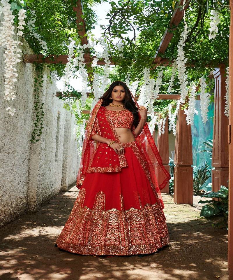 red embroidered gerogette lehengha ethincwear with blouse