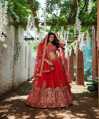 red embroidered gerogette lehengha ethincwear with blouse 1