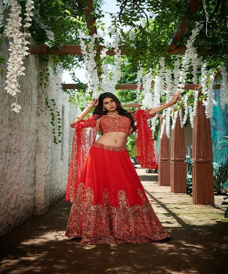 red embroidered gerogette lehengha ethincwear with blouse