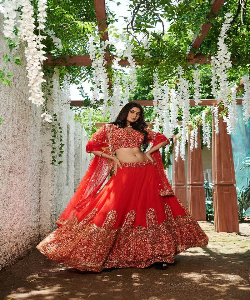 red embroidered gerogette lehengha ethincwear with blouse