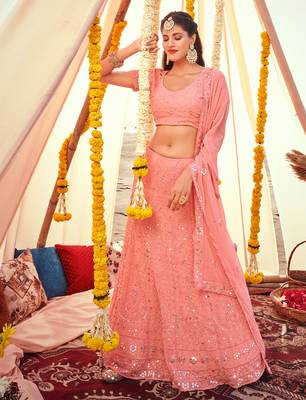 Pink embroidered georgette semi stitched lehenga 1