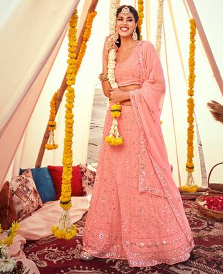 Pink embroidered georgette semi stitched lehenga 3