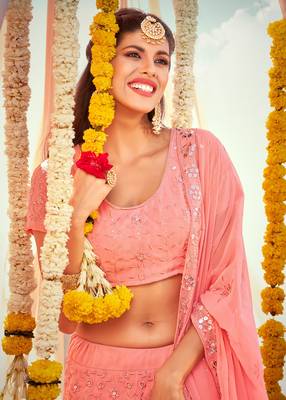 Pink embroidered georgette semi stitched lehenga 4