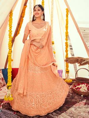 Peach embroidered georgette semi stitched lehenga 1