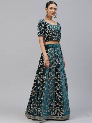 Turquoise embroidered velvet semi stitched lehenga 3