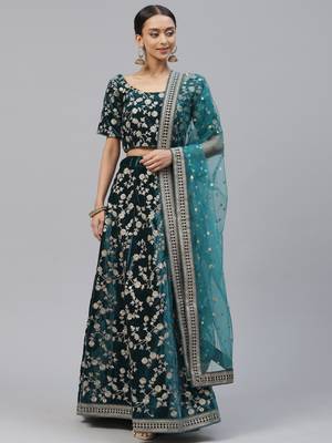 Turquoise embroidered velvet semi stitched lehenga 4