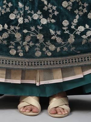 Turquoise embroidered velvet semi stitched lehenga 5