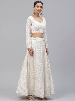 Divine Georgette Thread Embroidered Chikankari White Lehenga Choli  4