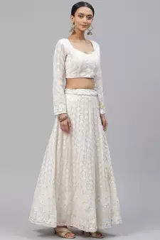 Divine Georgette Thread Embroidered Chikankari White Lehenga Choli 