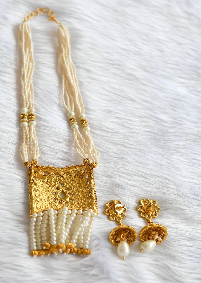 Antique pearl square pendant necklace set dj-01590