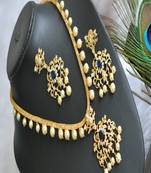 Gold tone cz-dark blue-white pearl necklace set dj-01666