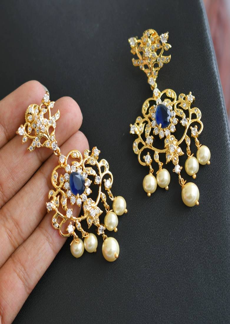 Gold tone cz-dark blue-white pearl necklace set dj-01666