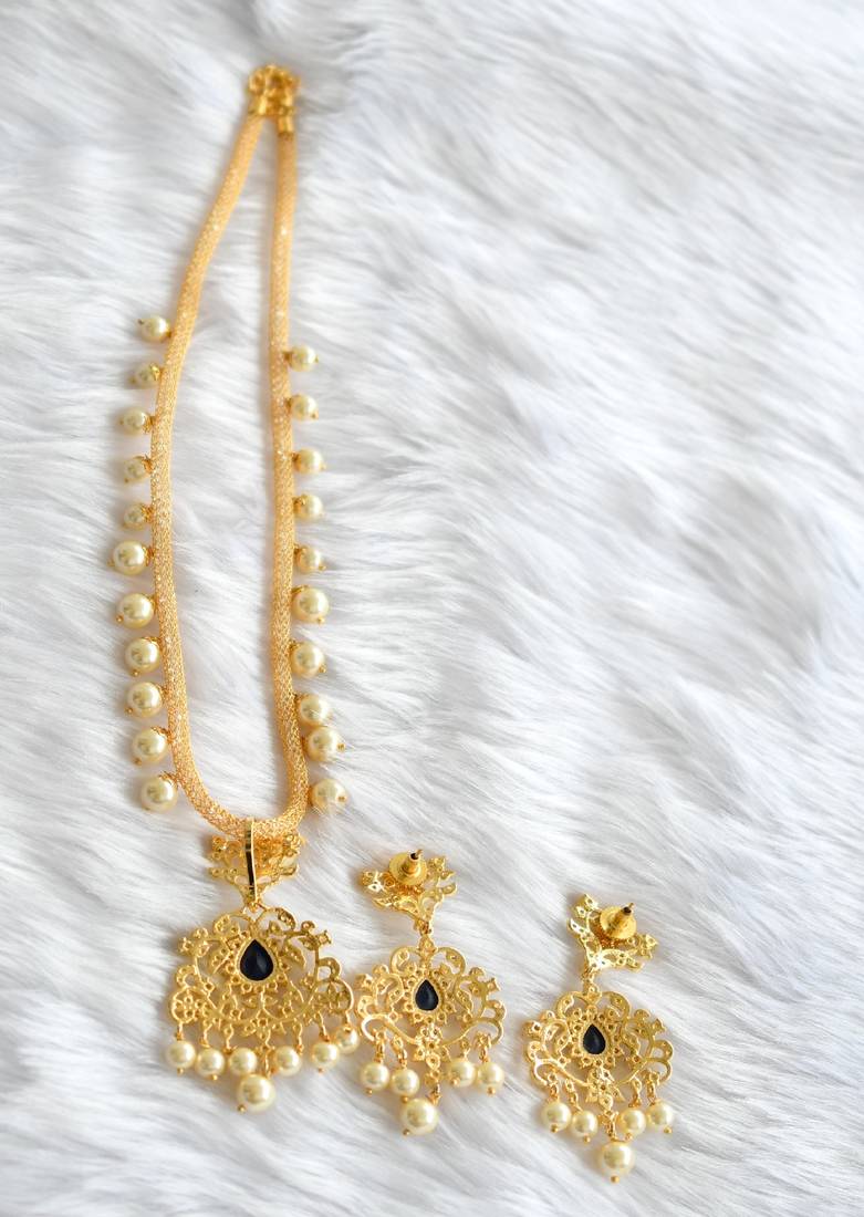 Gold tone cz-dark blue-white pearl necklace set dj-01666