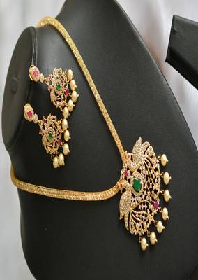 Gold tone cz-emerald peacock pendant necklace set dj-01715 1