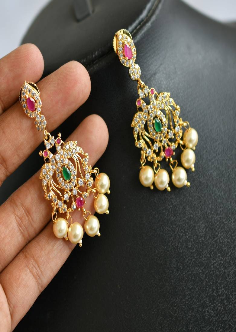 Gold tone cz-emerald peacock pendant necklace set dj-01715