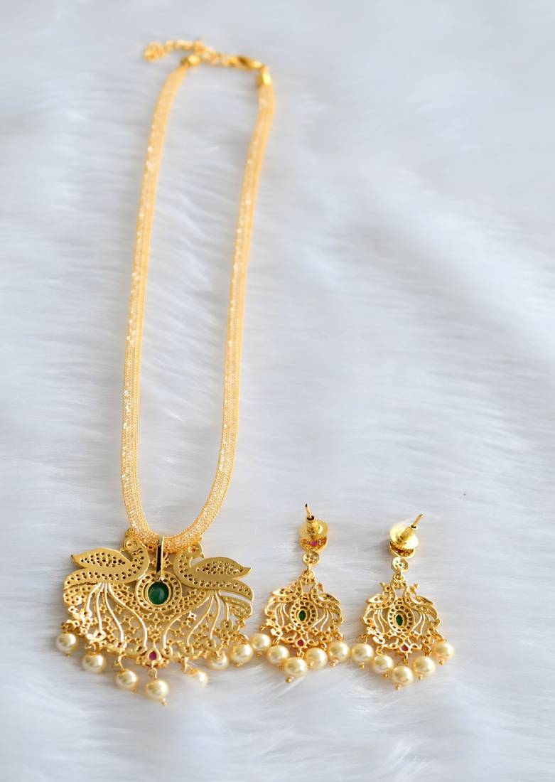 Gold tone cz-emerald peacock pendant necklace set dj-01715