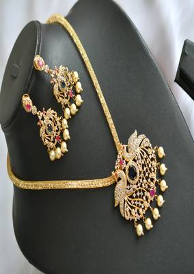 Gold tone cz-blue peacock pendant necklace set dj-01717 1