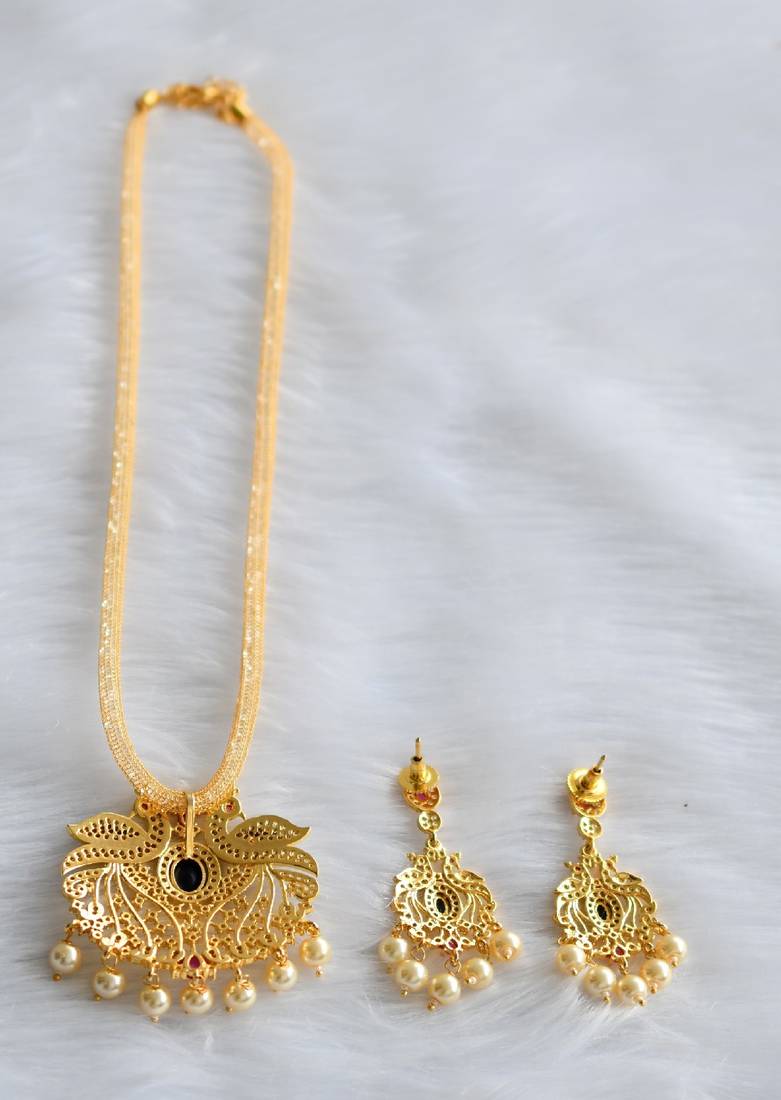 Gold tone cz-blue peacock pendant necklace set dj-01717