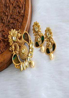 Antique gold tone real peacock feather kundan pendant set dj-01820 1