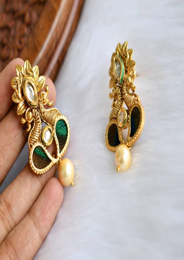 Antique gold tone real peacock feather kundan pendant set dj-01820