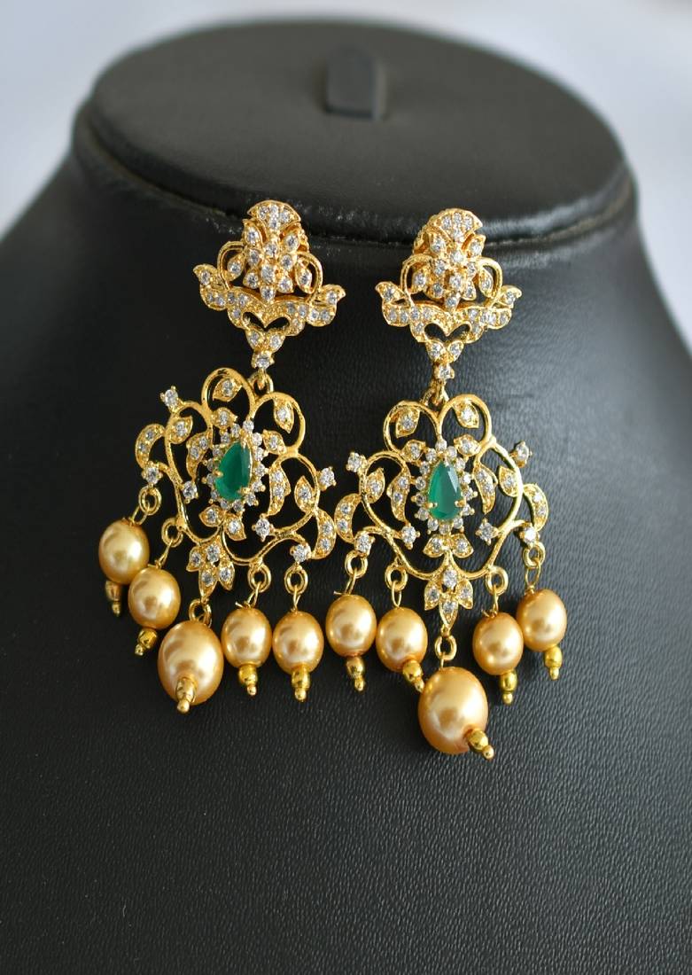 Gold tone cz-green pearl necklace set dj-01669