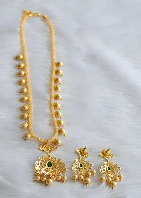 Gold tone cz-green pearl necklace set dj-01669 3