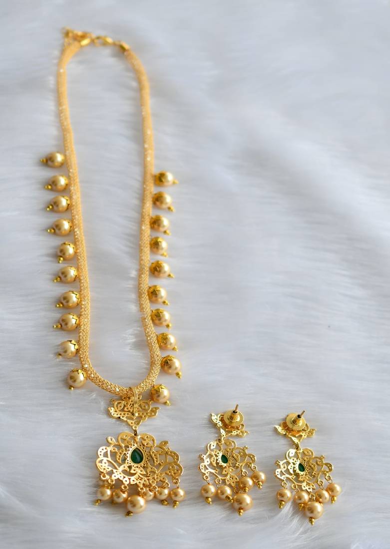 Gold tone cz-green pearl necklace set dj-01669
