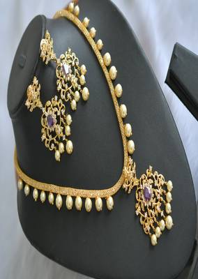 Gold tone cz purple pearl necklace set dj-01671 1