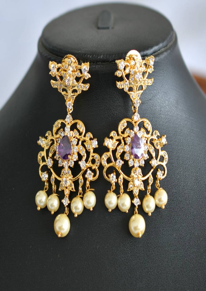 Gold tone cz purple pearl necklace set dj-01671