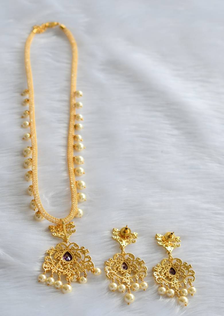 Gold tone cz purple pearl necklace set dj-01671