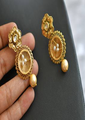 Antique gold tone pearl kundan necklace set dj-01807 2