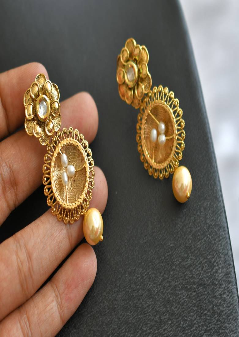 Antique gold tone pearl kundan necklace set dj-01807