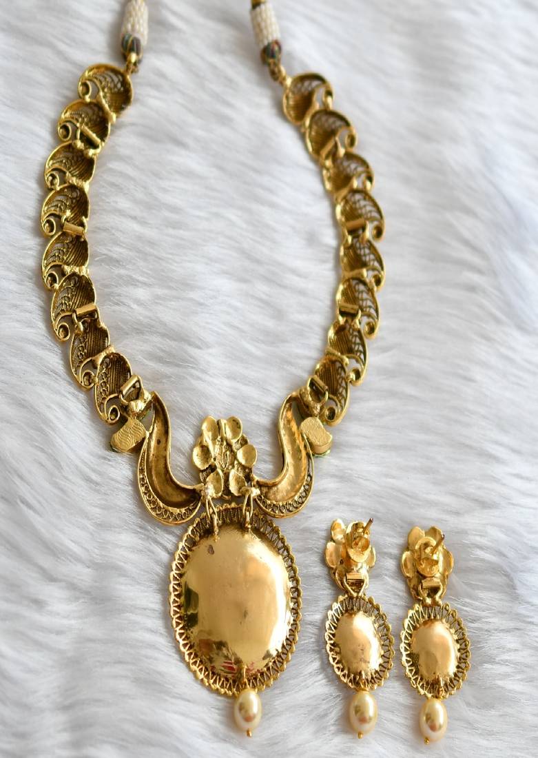 Antique gold tone pearl kundan necklace set dj-01807