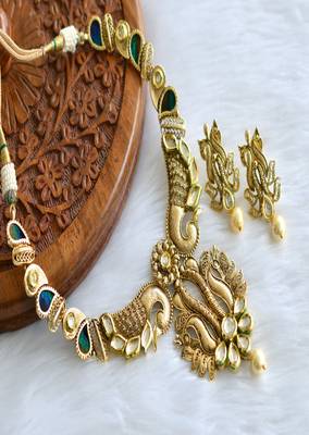 Antique real peacock feather kundan pearl necklace set dj-01818 1