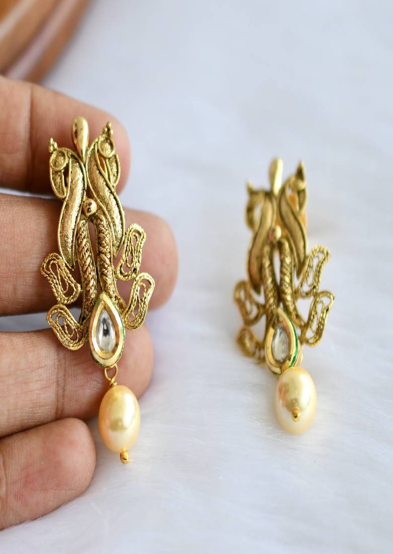 Antique real peacock feather kundan pearl necklace set dj-01818