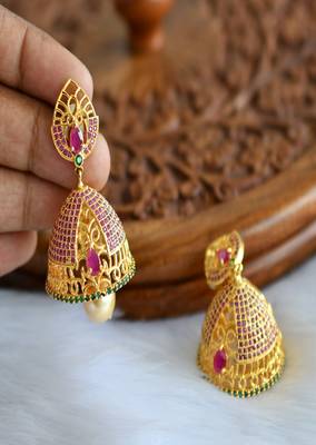 Gold tone ruby-emerald Jhumkkas dj-01711 1