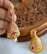 Gold tone ruby-emerald Jhumkkas dj-01711