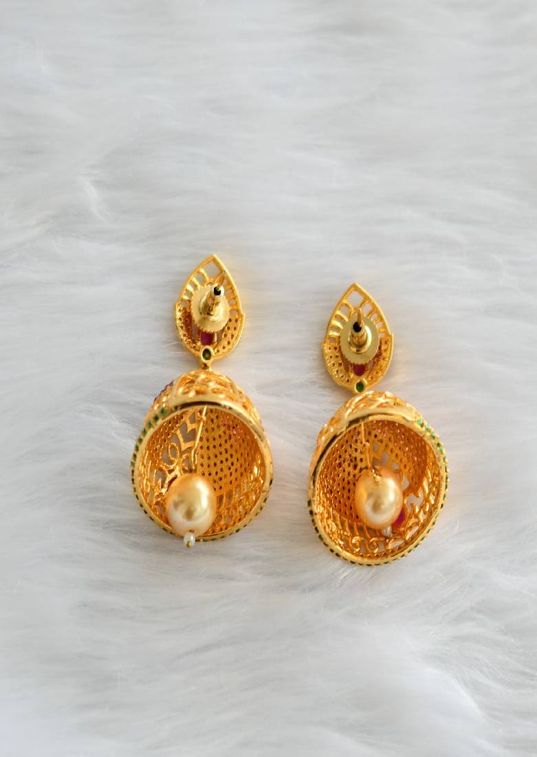 Gold tone ruby-emerald Jhumkkas dj-01711
