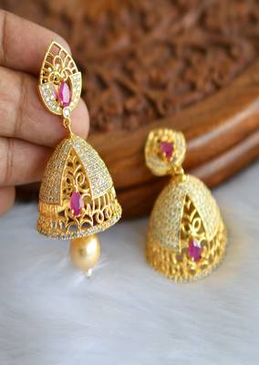 Gold tone cz-ruby Jhumkkas dj-01712 1
