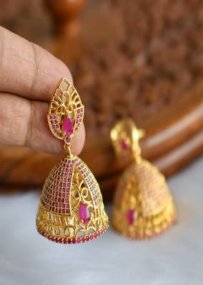 Gold tone ruby jhumkka dj-01713 1