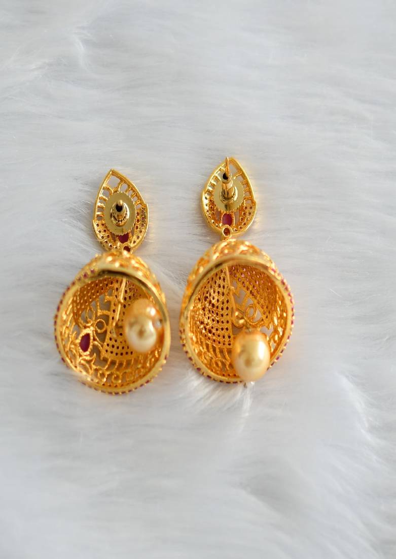 Gold tone ruby jhumkka dj-01713