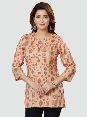 Peach printed rayon short-kurtis 1