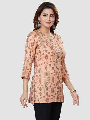 Peach printed rayon short-kurtis 3